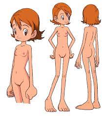 takenouchi sora, digimon, digimon adventure, nude filter, official art,  third-party edit, 1girl, ass, breasts, brown eyes, brown hair, cleft of  venus, completely nude, cropped legs, female focus, flat chest, front and  back,