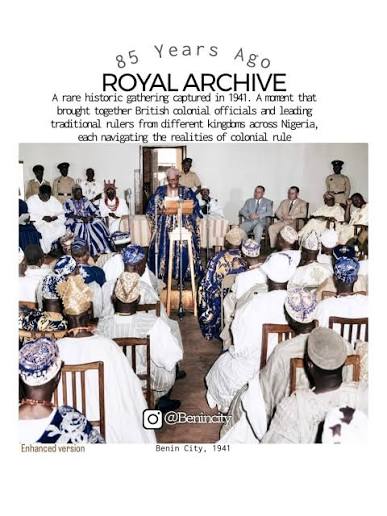 This rare historic photograph, taken in Benin City in 1941, eight-five  years ago, captures a gathering of some of the most influential traditional  rulers in colonial-era Nigeria as well as some British