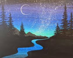 Relax By The Riverside While You Gaze Up At The Beautiful Night Sky Paint This Beautiful G In 2020 Night Sky Painting Acrylic Painting Canvas Canvas Art Painting