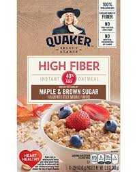 One serving of quaker instant oatmeal contains 19 grams of total carbohydrates, providing 6 percent daily value, with 3 grams of dietary fiber, providing 11 percent daily value, based on the national academies food and nutrition board chart. High Fiber Maple Brown Sugar Quaker Oats Quaker Instant Oatmeal Sugar Nutrition Instant Oatmeal