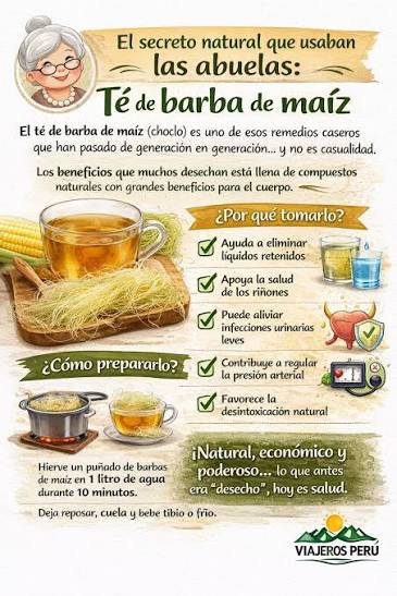 🌽 El secreto natural que usaban las abuelas: Té de barba de maíz El té de barba de maíz (choclo) es uno de esos remedios caseros que han pasado de generación en