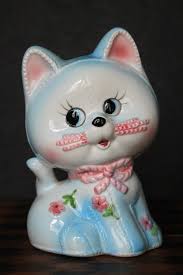 Vintage Ceramic Cat Planter. Cute, Stuffed Appearance, Made in Japan,  White, Blue, & Pink, Flowers, Grandmacore Mantel, Crazy Cat Lady Gift