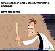 Girls Sleepover Omg Jessica Your Hair Is Amazing Boys Sleepover Your Hot Dodis No Match For L R Atwur Fst Ifunny Funny Usernames Funny Relatable Memes Funny Memes