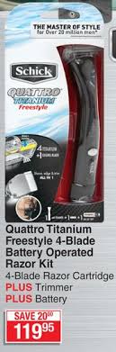 The quattro titanium from schick may not be schick's most advanced razor (that crown currently goes to the hydro 5), but it is our favorite from the brand. Special Schick Quattro Titanium Freestyle 4 Blade Battery Operated Razor Kit M Guzzle Co Za