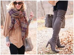 Stuart Weitzman Gray Suede Highland Over The Knee Boots Topshop Brown Plaid Blanket Scarf With Camel Cape Outfit Meagan S Moda