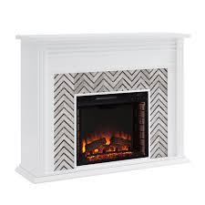 This stunning electric fireplace not only includes a mantel, but also a real carrara marble surround in a stunning gray and white herringbone pattern. Southern Enterprises Hebbington Tiled Marble Electric Fireplace In White Fe1080759