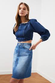 trendyolmilla indigo balon kollu crop denim bluz elbisebul 2021 indigo bluz siyah bluz