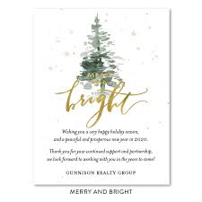 Cards feature decorative elements like trees, snowflakes and seasonal greetings with room to relay a company's message. Merry Bright Doug Fir Business Holiday Cards By Green Business Print