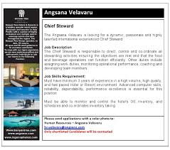 I don't which preposition to choose: Job Maldives Chief Steward For Angsana Velavaru
