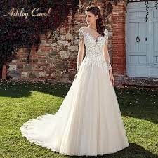 Ashley Carol Appliques A Line Wedding Dress 2019 New Fashion V Neck Lo Azongalbridal A Line Wedding Dress Wedding Dresses Bridal Gowns Vintage
