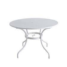 Metal patio coffee tables include coffee tables that are crafted from wrought iron, steel, aluminum, and cast aluminum. Hampton Bay Mix And Match 42 In Lattice White Round Metal Outdoor Dining Table With Mesh Top Home Depot