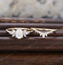 Pear Moissanite Engagement Ring Set Unique Yellow Gold Engagement Ring  Marquise Moonstone Vintage Curved Wedding Band Bridal Set Anniversary