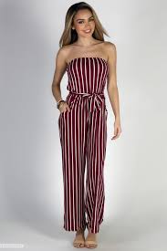 Black And White Striped Jumpsuit Outfit Effortless Burgundy White Stripes Strapless Wide Leg Jumpsuit Burgundy Jumpsuits Outfit Fashion Cute Casual Dresses