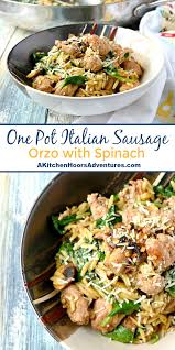 A Delicious And Easy Skillet Meal This One Pot Italian Sausage Orzo With Spinach Turkey Italian Sausage Recipes Italian Sausage Recipes Turkey Sausage Recipes