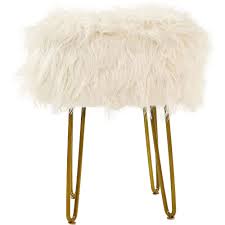 Ollie faux fur rolling swivel stool in white. White Faux Fur Vanity Stool With Gold Base Csfrvntystl Wht