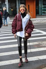 Gigi Hadid With Leather Pants Puffer Jacket And Doc Martens Influencedby Docmartensoutfi Street Style Fall Outfits Street Style Outfit Streetwear Fashion