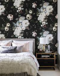 You don't have to spend weeks painting a mural or days filling in stencils to complete your bedroom wall anymore. Dark Floral Wallpaper Wallpaper Bedroom Feature Wall Floral Wallpaper Bedroom Floral Bedroom