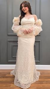 فستان سهرة ناعم بأكمام منفوشة باللون السكري - Loaa Fashion - لؤى فاشن