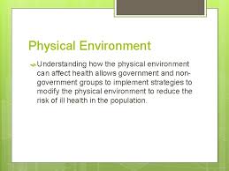Manmade environment it include transportation, housing, agricultural and livestock farms, aquatic farms, industries, dams, energy such as hydro thermal and nuclear energy plants etc. Physical Environment Determinants Of Health Physical Environment The