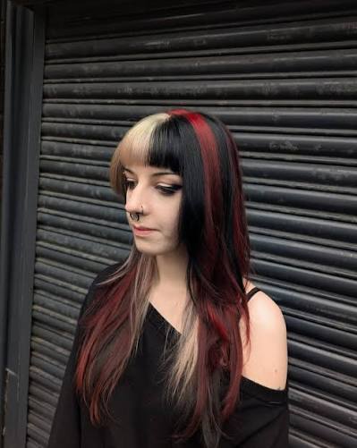 Bit of a different one in the ever loved style of calico, red black and  super blonde 🖤 by @poisonpeachhair #revlon #revlonprofessional #revlonhair  #redandblackhair #calicohair #splitdye #calico