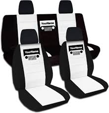 Black And White Jeep Wrangler Seat Covers 2011 2017 Jeep Wrangler Jk Two Tone Grill Seat Covers W Your Name Text Black White Full Set Front Jeep Wrangler Seat Covers Dream Cars Jeep Jeep Wrangler