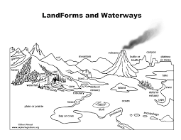 Color coded by landforms (white pieces) and bodies of water (gray pieces). Landforms And Waterways Coloring Page