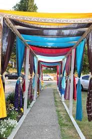 Indian Wedding Outdoor Walkway At Wedding House Decorated Using Old Sari S An Outdoor Wedding Decorations Indian Wedding Decorations Outdoor Wedding Lighting