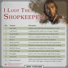I Loot The Shopkeeper This Table Is Brought To You By Cassandra Through My Patreon Thank You So Much F In 2020 Loot Cassandra Dungeons And Dragons Homebrew