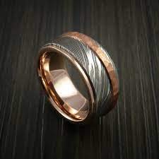Damascus Steel 14k Rose Gold Ring Wedding Band With Hammered Copper Inlay Gold Band Wedding Ring Wedding Ring Bands Damascus Steel Ring