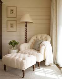 Peaceful Reading Nook With A Tufted Chair Ottoman Wood Paneled Walls And Spiral Reading Lamp Home Home Decor Furniture