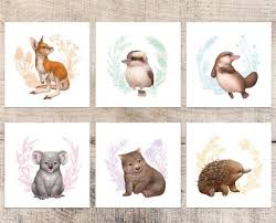 Australian Theme Nursery Australian Animals Nursery Wall Art Baby Animal Prints Koala Coloured Backgrounds 5 X 5 Set Of 6 Australian Animal Nursery Animal Wall Art Nursery Baby Animal Nursery