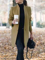 Manteau sur mesure avec un cran aigu sur le revers. Manteau En Laine Col Cheminee Manches Longues Mode Elegant Femme Blouson Camel Manteaux Hauts