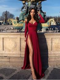 Off Shoulder Prom Dress Red Long Evening Dress Party Dress With High Split Long Red Prom Dress Long Prom Dresses With Sleeves Prom Dresses Long With Sleeves