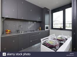 small modern grey kitchen with dining