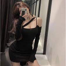 Kaufe WTEMPO Sexy Frau Asymmetrie Schlinge Kleid Hohle nackte Schultern Enge  Hüfte Langarm Nightclub Bar | Joom