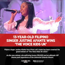 Meet your the voice kids uk 2020 winner! Abs Cbn News Thirteen Year Old Filipino Singer Justine Afante From Pixie Lott S Team Has Been Crowned The Grand Winner Of The Voice Kids Uk 2020 Https Bit Ly 2yqjdjs Facebook