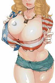 1girls american flag american flag shirt big breasts blonde hair  breasts cleavage clothed clothing crop top curly hair dead by daylight  erect nipples female hips hkkwz huge breasts kate
