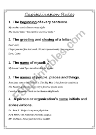 Printnpractice worksheets give your children practice putting both capitals and punctuation in the right places. Capitalization Rules Esl Worksheet By Sarah Zugschwerdt