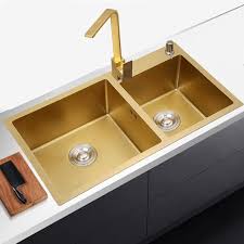 Golden Stainless Steel Double Bowl Kitchen Sink 1 2mm Gold In 2020 Double Bowl Kitchen Sink Stainless Steel Double Bowl Kitchen Sink Double Kitchen Sink