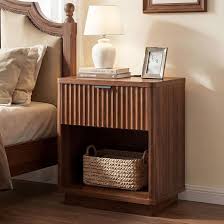 Amazon.com: Nasonet Fluted Nightstand with Charging Station, Wood Bedside Table, Walnut | Wood Mid Century Modern Night Stand with Drawer for Bedroom, End Tables Living Room with Open Shelf : Home &
