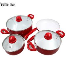 Master Star White Ceramic Coating Red Cookware Set Saucepan Frying Pan Milk Pot Glass Cover Total 7pcs N In 2020 Cookware Set Ceramic Coating Ceramic Cookware Set