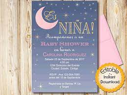 Spanish Baby Shower Invitation Moon Theme Girl Pink Gold Etsy Baby Shower Invitations Lavender Baby Shower Invitations Baby Shower Invitation Cards