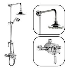 Hudson Reed Traditional Exposed Dual Thermostatic Shower Faucet Valve Set With Grand Rigid Riser Round Rain Head Shower Faucet Shower Valve Shower Systems