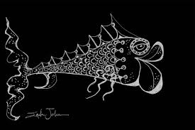 Draw small circles inside larger circles. Tangle Fish Original Drawing Black Paper White Ink Fish Art Painting Minimalist Art Sea Life Modern Simple Gift Home Beach House Condo Decor