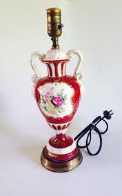 Beautiful Vintage Hand Painted 1940s Porcelain Urn Lamp In Red White And Gold Trim And Floral Design Shab Vintage Lamps Star Lights On Ceiling Antique Lamps