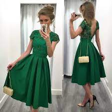 Awesome Backless Knee Length Short Lace Cocktail Party Dress Green Prom Dress Tea Length Dresses Cheap Evening Dresses