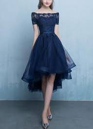 Chic Navy Blue Tulle High Low With Lace Applique Party Dresses Blue Homecoming Dresses High Low Evening Dresses Party Wear Dresses High Low Party Dresses