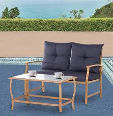 2 Piece Loveseat Light Brown Metal Furniture W Navy Blue Cushions Coffee Table Conversation Set Sofa Set O Blue Cushions Outdoor Furniture Navy Blue Cushions