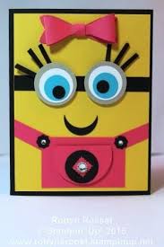 You will need yellow/blue paint, a black marker, white/pink paper, a bottle cap, and glue. Minion Girl By Robyn Rasset Cards And Paper Crafts At Splitcoaststampers Girl Birthday Cards Minion Card Punch Art Cards