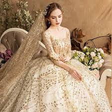 Luxury Gorgeous Gold Wedding Dresses 2019 Ball Gown Square Neckline Glitter Tulle Beading Sequins Crystal 3 4 Sleeve Backless Royal Train Gold Wedding Dress Best Wedding Dresses Gold Wedding Gowns